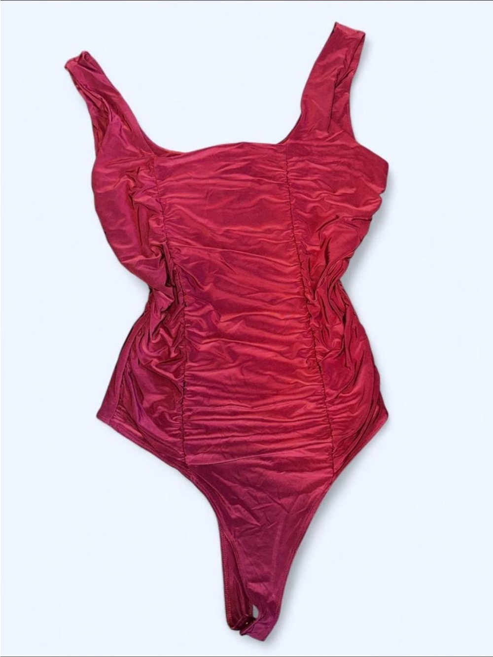 Ruched Crimson Tank Bodysuit with Square Neck